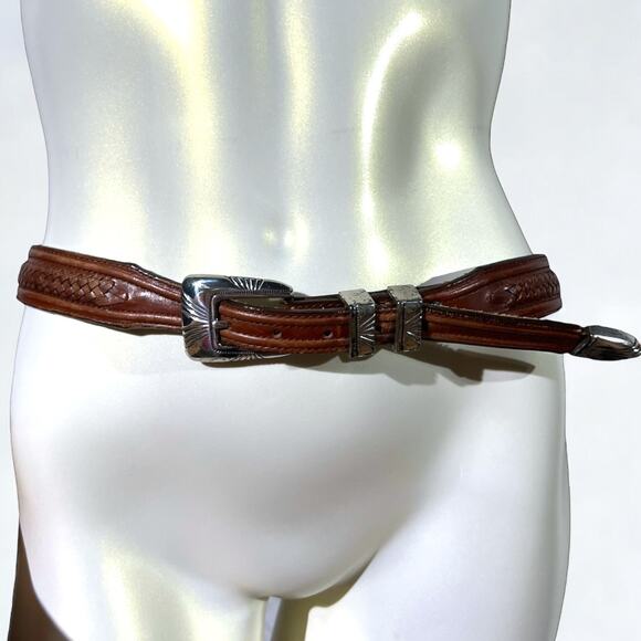 Vintage Tony Lama Brown Leather Belt Silver Hardware Size 36 - Picture 1 of 16